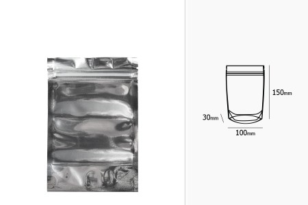 Aluminijumske DoyPack kesice 100x30x150mm sa zipom, transparentnom prednjom stranom, ovalnim dnom i sa mogućnošću termo zatvaranja – 100kom-dimenzije_slike