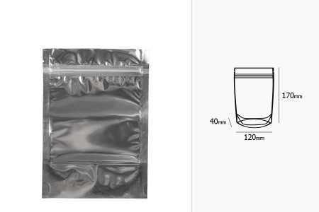 Aluminijumske DoyPack kesice 120x40x170mm sa zipom, transparentnom prednjom stranom, ovalnim dnom i sa mogućnošću termo zatvaranja  – 100kom-dimenzije_slike