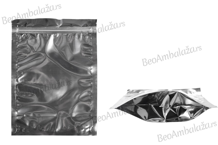 Aluminijumske DoyPack kesice 180x40x250mm sa zipom, transparentnom prednjom stranom, ovalnim dnom i sa mogućnošću termo zatvaranja – 100kom