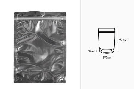 Aluminijumske DoyPack kesice 180x40x250mm sa zipom, transparentnom prednjom stranom, ovalnim dnom i sa mogućnošću termo zatvaranja – 100kom-dimenzije_slike