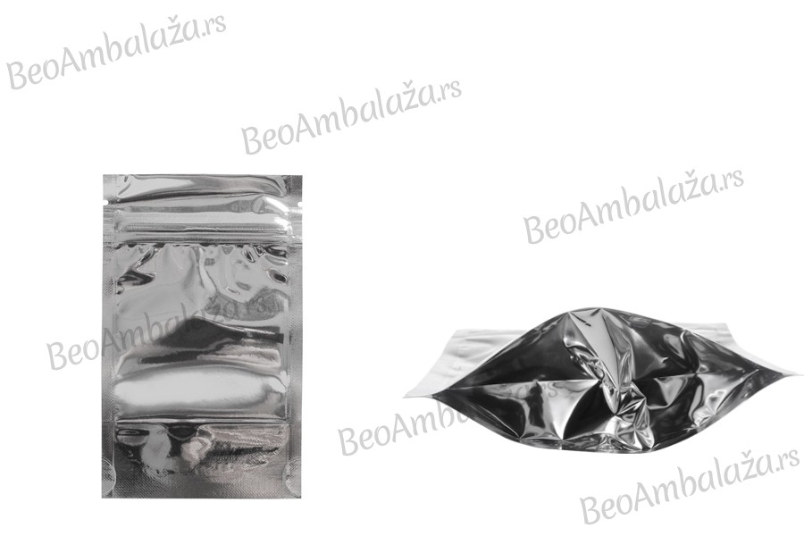 Aluminijumske DoyPack kesice sa zipom, transparentnom prednjom stranom, ovalnim dnom i sa mogućnošću termo zatvaranja  80x30x130mm – 100kom