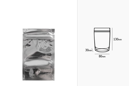 Aluminijumske DoyPack kesice 80x30x130mm sa zipom, transparentnom prednjom stranom, ovalnim dnom i sa mogućnošću termo zatvaranja – 100kom-dimenzije_slike