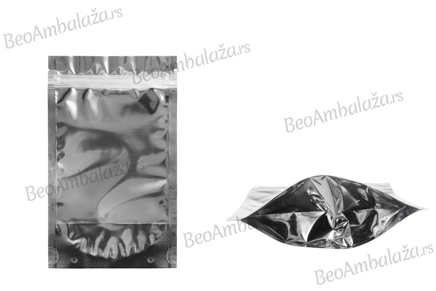 Aluminijumske DoyPack kesice 120x30x200mm sa zipom, transparentnom prednjom stranom, ovalnim dnom i sa mogućnošću termo zatvaranja – 100kom