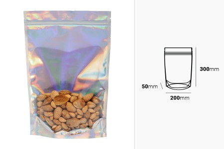 Aluminijumske DoyPack kesice sa zipom 200x50x300 mm, transparentnom prednjom stranom, ovalnim dnom i sa mogućnošću termo zatvaranja  – 50kom-dimenzije_slike