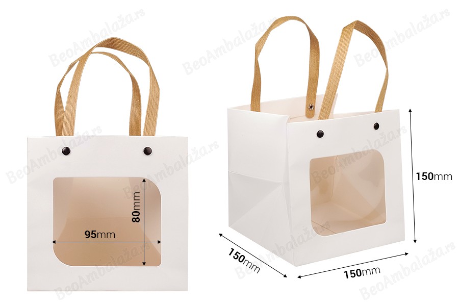 Papirna bela poklon torbica 150x150x150 mm sa prozorom - 12 kom-dimenzije_slike
