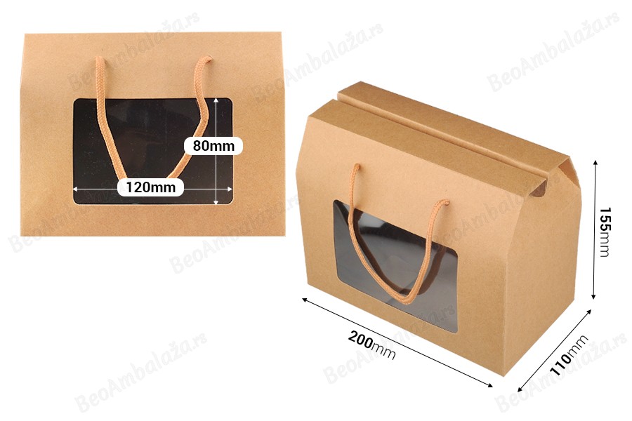 Papirna poklon kutija - koferče 200x110x155 mm sa ručkama i prozorom - 12 komada-dimenzije_slike