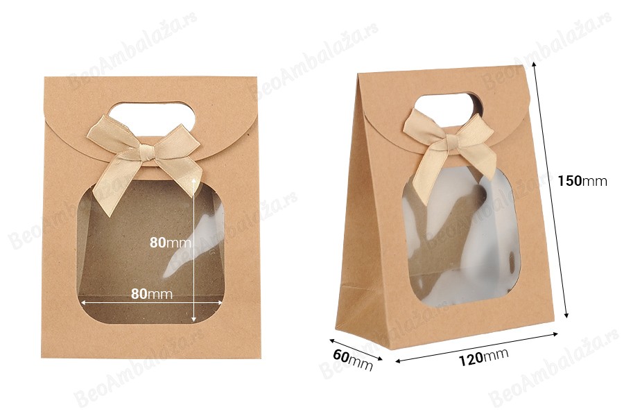 Papirna kraft poklon torbica 120x60x150 mm sa zatvaranjem na čičak, prozorom i mašnom - 12 kom-dimenzije_slike