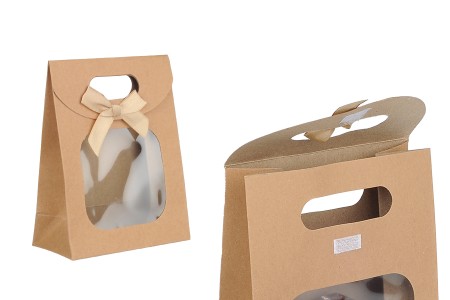 Papirna kraft poklon torbica 120x60x150 mm sa zatvaranjem na čičak, prozorom i mašnom - 12 kom-slika_proizvoda