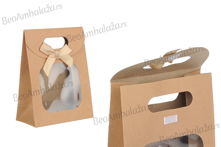 Papirna kraft poklon torbica 120x60x150 mm sa zatvaranjem na čičak, prozorom i mašnom - 12 kom