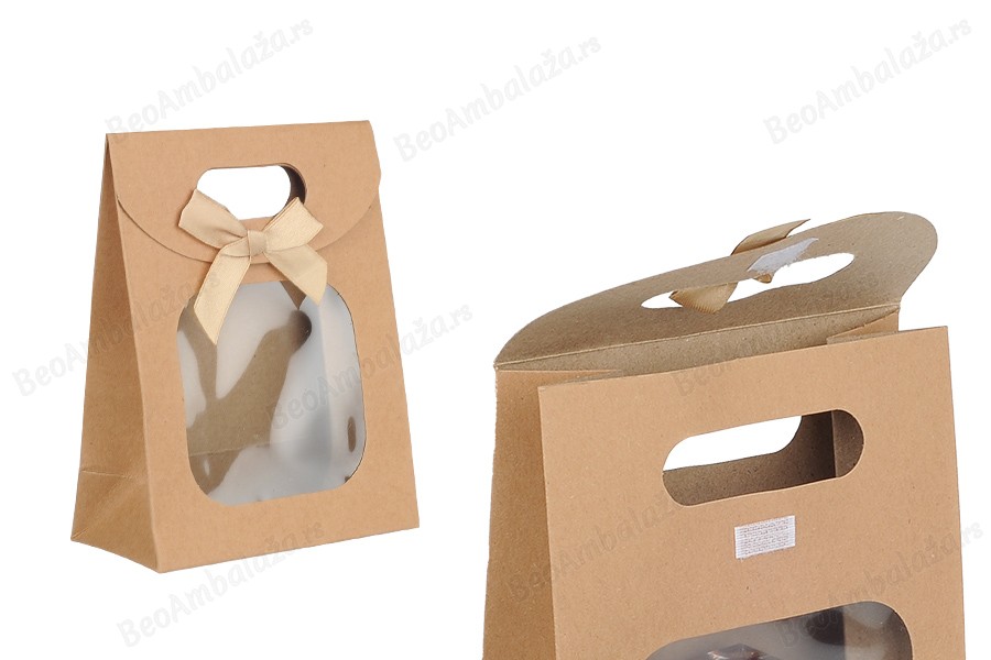 Papirna kraft poklon torbica 120x60x150 mm sa zatvaranjem na čičak, prozorom i mašnom - 12 kom-slika_proizvoda