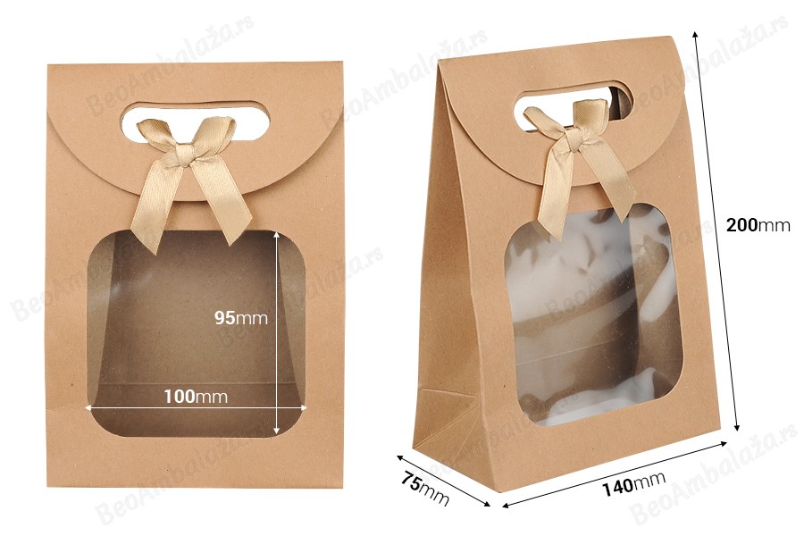 Papirna kraft poklon torbica 140x75x200 mm sa zatvaranjem na čičak, prozorom i mašnom - 12 kom-dimenzije_slike