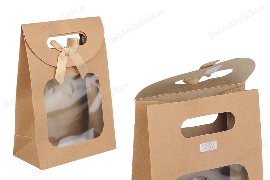Papirna kraft poklon torbica 140x75x200 mm sa zatvaranjem na čičak, prozorom i mašnom - 12 kom-slika_proizvoda