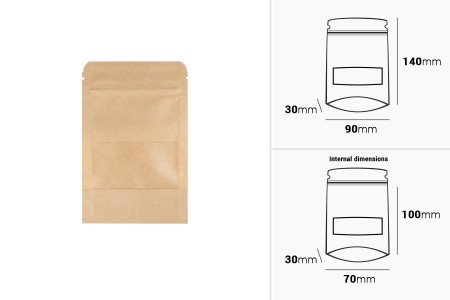 Kraft DoyPack kesice 90x30x140 mm sa zip zatvaranjem i prozorom, unutrašnjom i spoljašnjom providnom oblogom i sa mogućnošću termo zatvaranja - 100 kom-dimenzije_slike