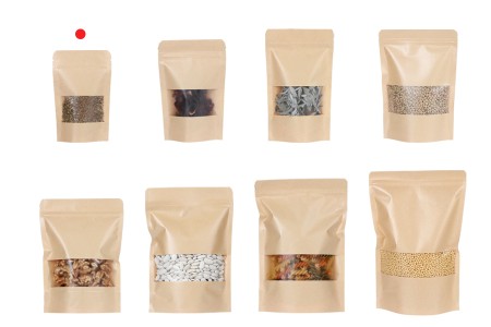 Kraft DoyPack kesice 90x30x140 mm sa zip zatvaranjem i prozorom, unutrašnjom i spoljašnjom providnom oblogom i sa mogućnošću termo zatvaranja - 100 kom-grupa_slika