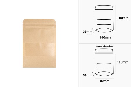 Kraft DoyPack kesice 100x30x150 mm sa zip zatvaranjem i prozorom, unutrašnjom i spoljašnjom providnom oblogom i sa mogućnošću termo zatvaranja-dimenzije_slike
