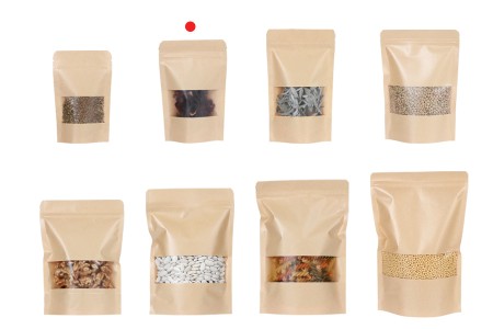 Kraft DoyPack kesice 100x30x150 mm sa zip zatvaranjem i prozorom, unutrašnjom i spoljašnjom providnom oblogom i sa mogućnošću termo zatvaranja-grupa_slika