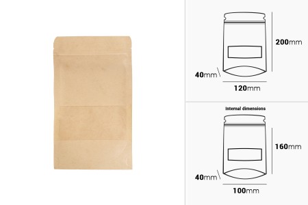 Kraft DoyPack kesice 120x40x200 mm sa zip zatvaranjem i prozorom, unutrašnjom i spoljašnjom providnom oblogom i sa mogućnošću termo zatvaranja - 100 kom-dimenzije_slike