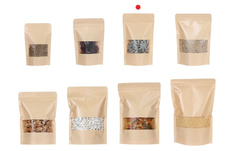 Kraft DoyPack kesice 120x40x200 mm sa zip zatvaranjem i prozorom, unutrašnjom i spoljašnjom providnom oblogom i sa mogućnošću termo zatvaranja - 100 kom-grupa_slika