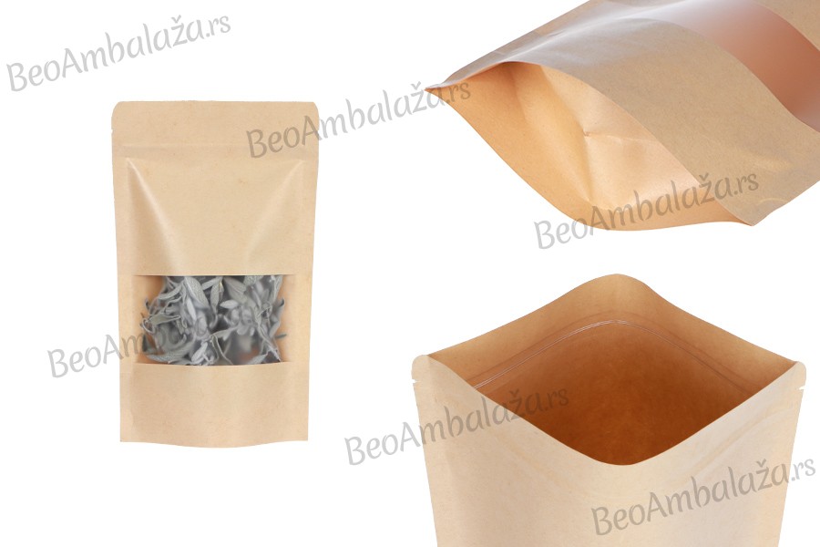 Kraft DoyPack kesice 120x40x200 mm sa zip zatvaranjem i prozorom, unutrašnjom i spoljašnjom providnom oblogom i sa mogućnošću termo zatvaranja - 100 kom 