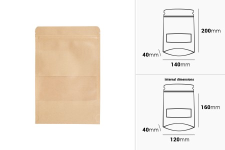 Kraft DoyPack kesice 140x40x200 mm sa zip zatvaranjem i prozorom, unutrašnjom i spoljašnjom providnom oblogom i sa mogućnošću termo zatvaranja - 100 kom-dimenzije_slike