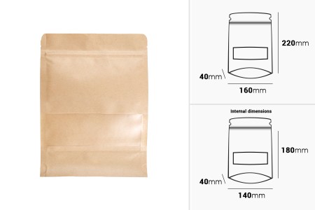 Kraft DoyPack kesice 160x40x220 mm sa zip zatvaranjem i prozorom, unutrašnjom i spoljašnjom providnom oblogom i sa mogućnošću termo zatvaranja-dimenzije_slike