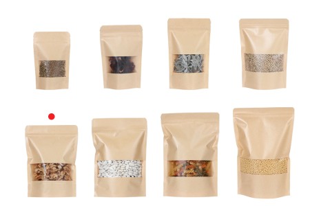 Kraft DoyPack kesice 160x40x220 mm sa zip zatvaranjem i prozorom, unutrašnjom i spoljašnjom providnom oblogom i sa mogućnošću termo zatvaranja-grupa_slika