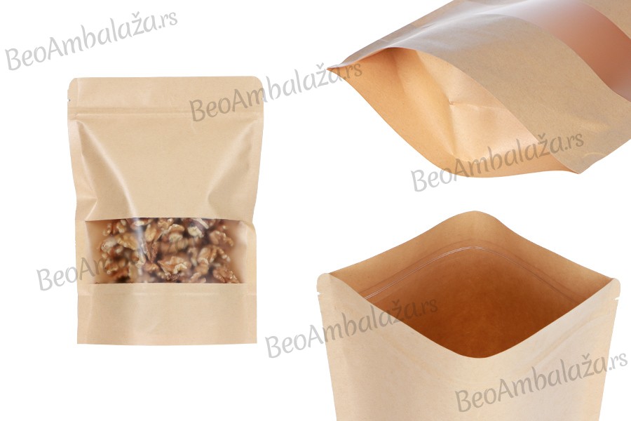 Kraft DoyPack kesice 160x40x220 mm sa zip zatvaranjem i prozorom, unutrašnjom i spoljašnjom providnom oblogom i sa mogućnošću termo zatvaranja 