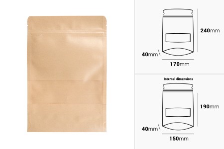 Kraft DoyPack kesice 170x40x240 mm sa zip zatvaranjem i prozorom, unutrašnjom i spoljašnjom providnom oblogom i sa mogućnošću termo zatvaranja - 100 kom-dimenzije_slike