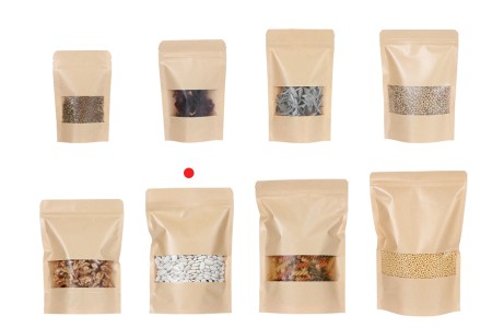 Kraft DoyPack kesice 170x40x240 mm sa zip zatvaranjem i prozorom, unutrašnjom i spoljašnjom providnom oblogom i sa mogućnošću termo zatvaranja - 100 kom-grupa_slika