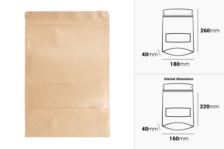 Kraft DoyPack kesice 180x40x260 mm sa zip zatvaranjem i prozorom, unutrašnjom i spoljašnjom providnom oblogom i sa mogućnošću termo zatvaranja-dimenzije_slike