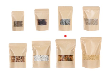 Kraft DoyPack kesice 180x40x260 mm sa zip zatvaranjem i prozorom, unutrašnjom i spoljašnjom providnom oblogom i sa mogućnošću termo zatvaranja-grupa_slika