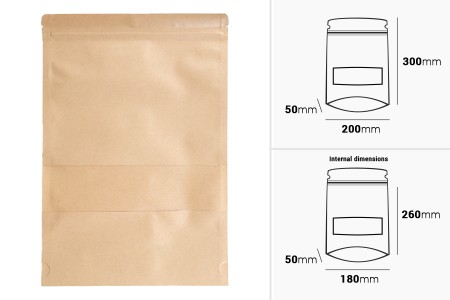 Kraft DoyPack kesice 200x50x300 mm sa zip zatvaranjem i prozorom, unutrašnjom i spoljašnjom providnom oblogom i sa mogućnošću termo zatvaranja - 100 kom-dimenzije_slike