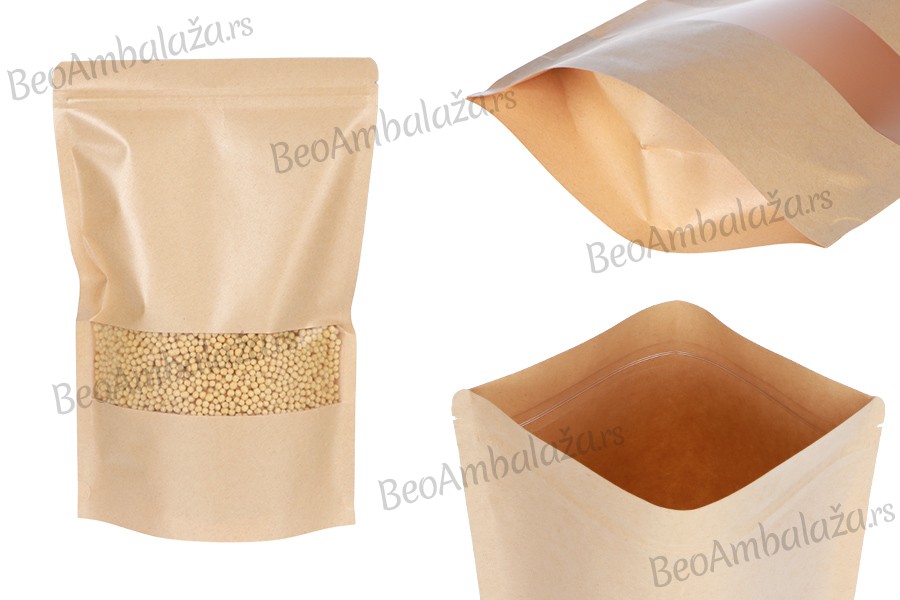 Kraft DoyPack kesice 200x50x300 mm sa zip zatvaranjem i prozorom, unutrašnjom i spoljašnjom providnom oblogom i sa mogućnošću termo zatvaranja - 100 kom