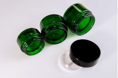 Staklena zelena teglica 30mL sa međupoklopcem i plastičnim zatvaračem sa zaptivkom