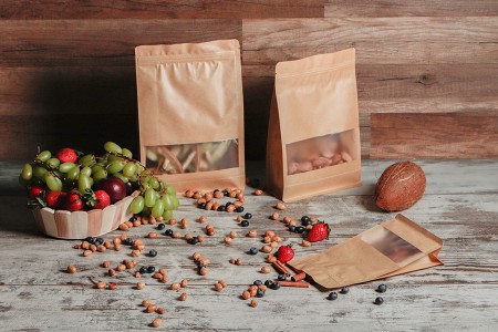 Kraft DoyPack kesice 180x80x280 mm sa zip zatvaranjem, prozorom, unutrašnjom i spoljašnjom providnom oblogom i mogućnošću termo zatvaranja  - 50 kom-grupa_slika