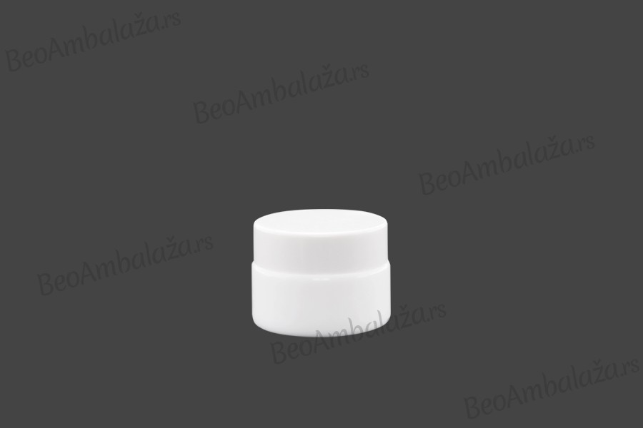 Staklena bela teglica za kreme 15mL, sa zaptivkom u belom plastičnom zatvaraču i međupoklopcem