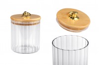 Staklena cilindrična tegla 500mL, sa drvenim poklopcem, gumicom i zlatnim metalnim prstenom