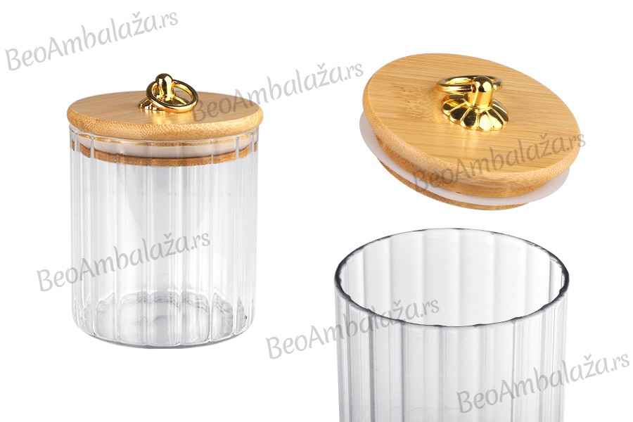 Staklena cilindrična tegla 500mL, sa drvenim poklopcem, gumicom i zlatnim metalnim prstenom