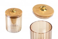 Staklena cilindrična bronzana tegla 500mL, sa drvenim poklopcem, gumicom i zlatnim metalnim prstenom