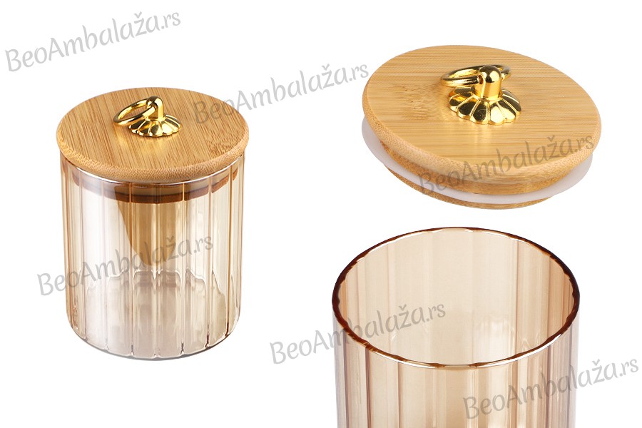 Staklena cilindrična bronzana tegla 500mL, sa drvenim poklopcem, gumicom i zlatnim metalnim prstenom