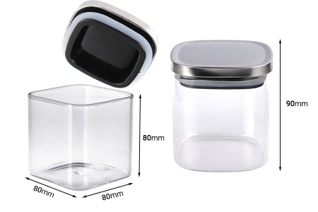 Staklena četvrtasta tegla 350mL, sa plastičnim srebrnim poklopcem i gumicom-2