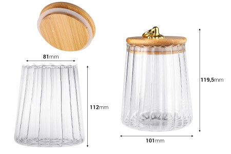 Staklena tegla 600mL, sa drvenim poklopcem, gumicom i zlatnim metalnim prstenom-2