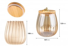 Staklena bronzana tegla 700mL, sa drvenim poklopcem, gumicom i zlatnim metalnim prstenom
