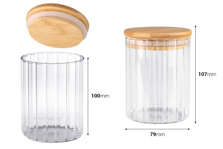 Staklena tegla 370mL sa reljefom, drvenim poklopcem i gumicom-2