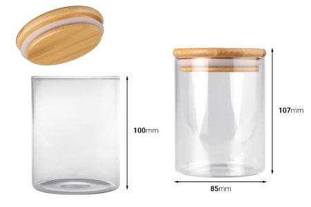 Staklena okrugla tegla 450mL, sa drvenim poklopcem i gumicom-2
