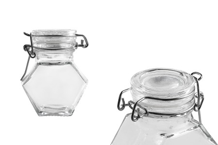 Staklena višeugaona teglica 100mL, sa hermetičkim zatvaranjem (žicom i gumicom na poklopcu)-slika_proizvoda