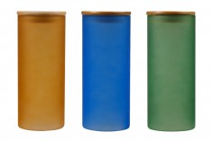 Staklena okrugla tegla 85x200mm, sa drvenim poklopcem sa sigurnosnom gumicom, u raznim MAT bojama