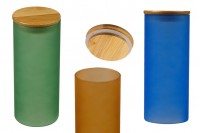 Staklena okrugla tegla 85x200mm, sa drvenim poklopcem sa sigurnosnom gumicom, u raznim MAT bojama