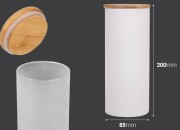 Staklena okrugla tegla 85x200mm, sa drvenim poklopcem sa sigurnosnom gumicom, u raznim bojama Staklena okrugla tegla 85x200mm, sa drvenim poklopcem sa sigurnosnom gumicom, u raznim bojama