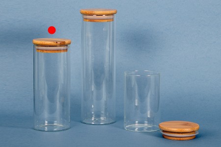 Staklena okrugla tegla 400mL, sa drvenim poklopcem i gumicom-7